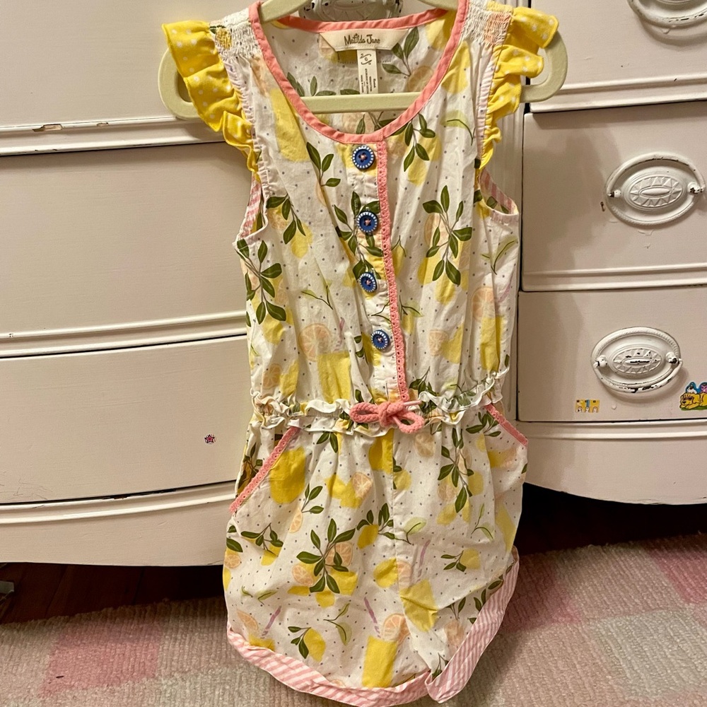 Matilda Jane Yellow Lemon Print Romper with Pink Trim Size 6 NWOT Sfpf